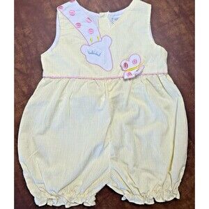 VTG Mothercare Embroidered Giraffe Butterfly Bubble Romper Sz 4 Seersucker Yello